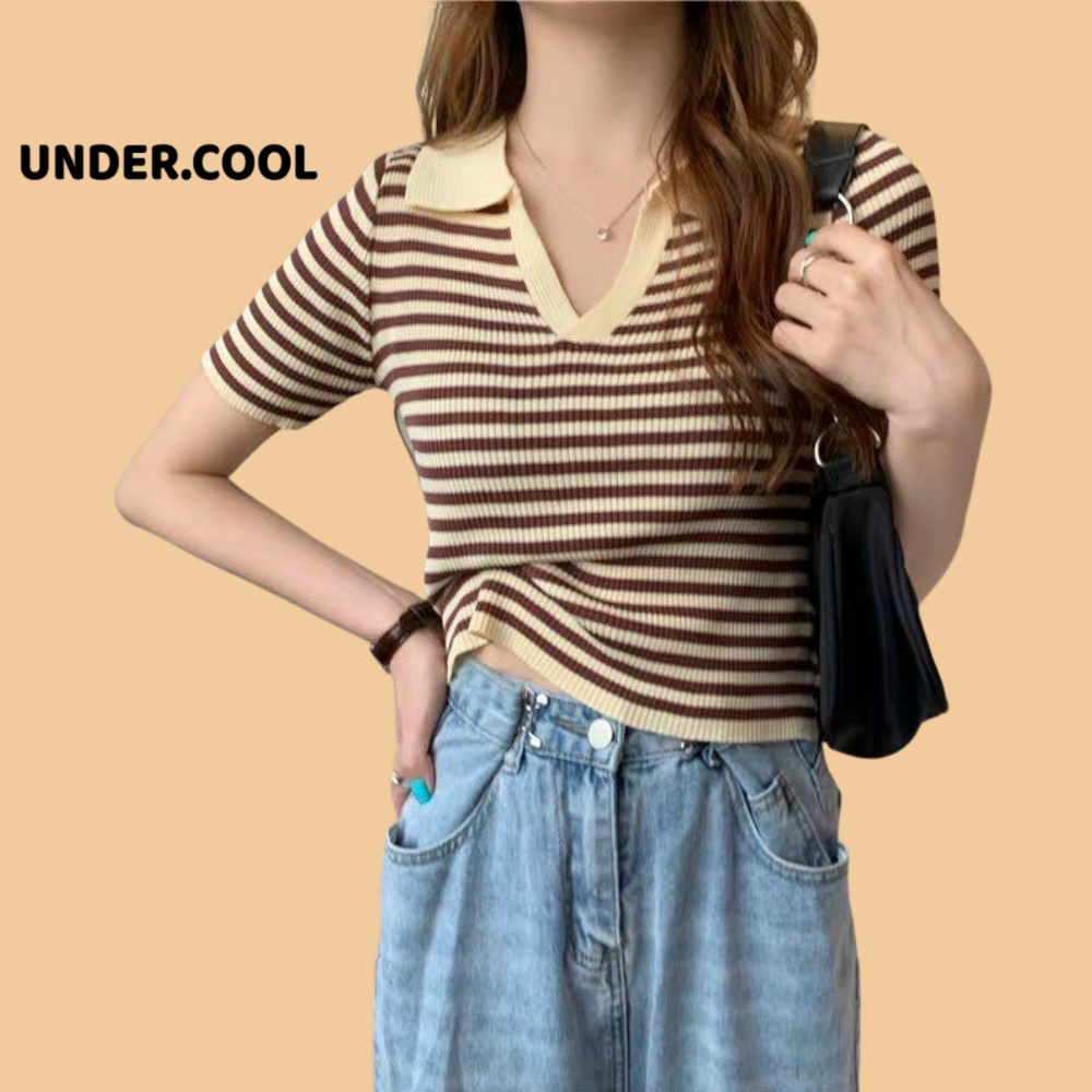 Áo Croptop Len Montoghi Kẻ Ngang Cổ polo UNDERCOOL tay họa tiết kẻ sọc phong cách Hàn Quốc ACT24