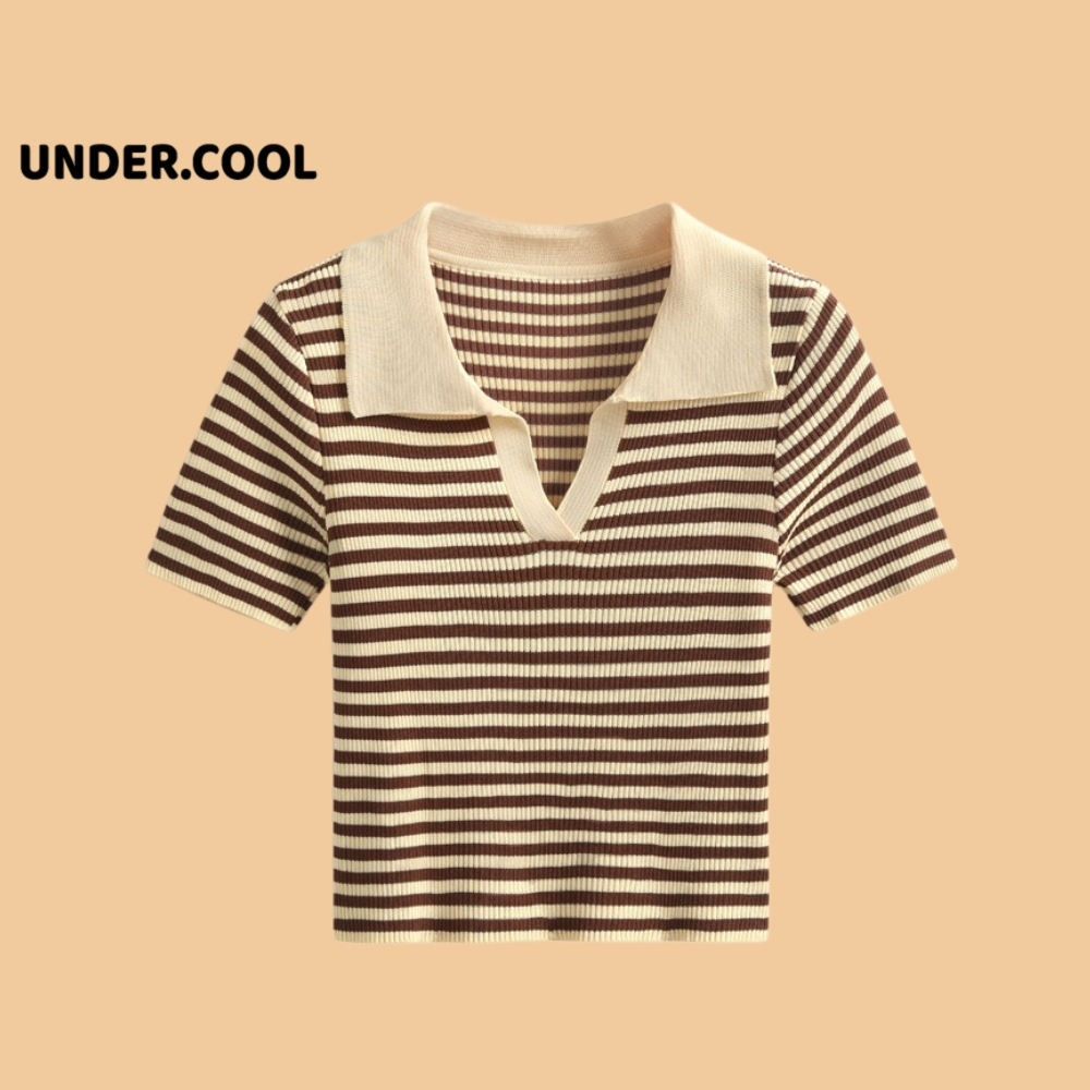 Áo Croptop Len Montoghi Kẻ Ngang Cổ polo UNDERCOOL tay họa tiết kẻ sọc phong cách Hàn Quốc ACT24