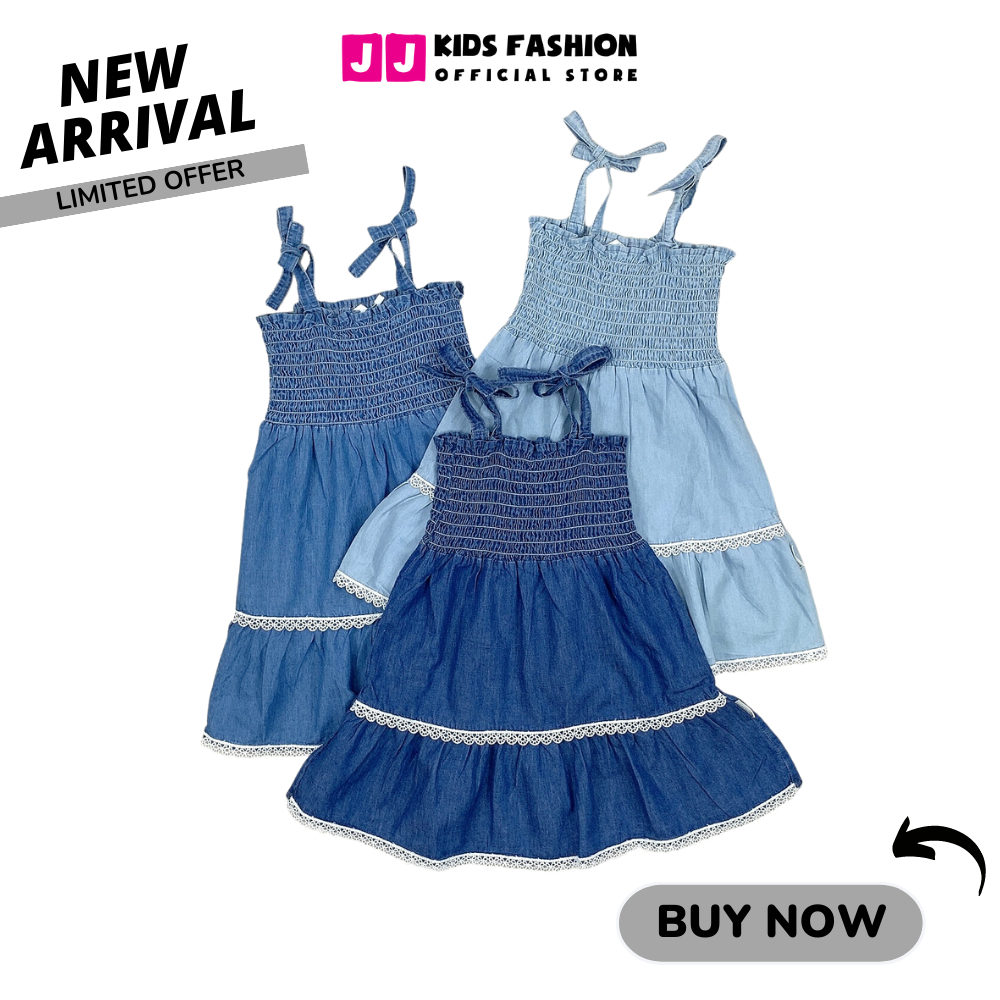 Váy mùa hè cho bé gái JJ Kids, thiết kế 2 dây chất liệu Jean giấy cho trẻ 2,3,4,5,6,7,8,9 tuổi