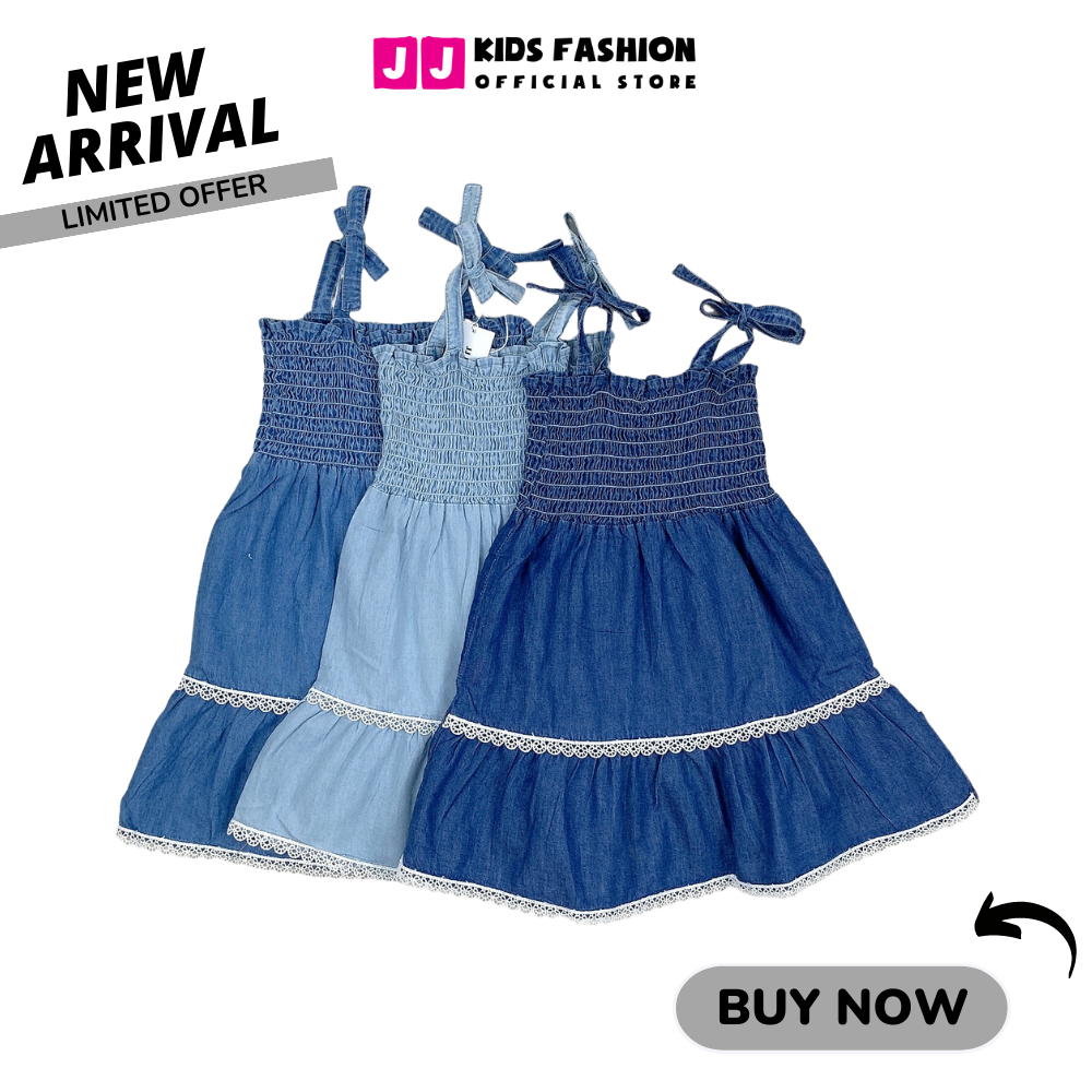 Váy mùa hè cho bé gái JJ Kids, thiết kế 2 dây chất liệu Jean giấy cho trẻ 2,3,4,5,6,7,8,9 tuổi