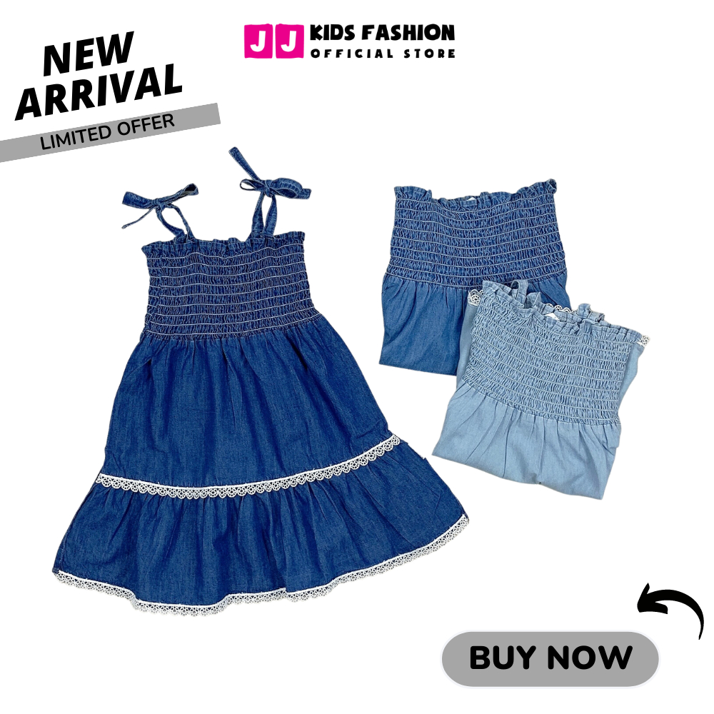 Váy mùa hè cho bé gái JJ Kids, thiết kế 2 dây chất liệu Jean giấy cho trẻ 2,3,4,5,6,7,8,9 tuổi