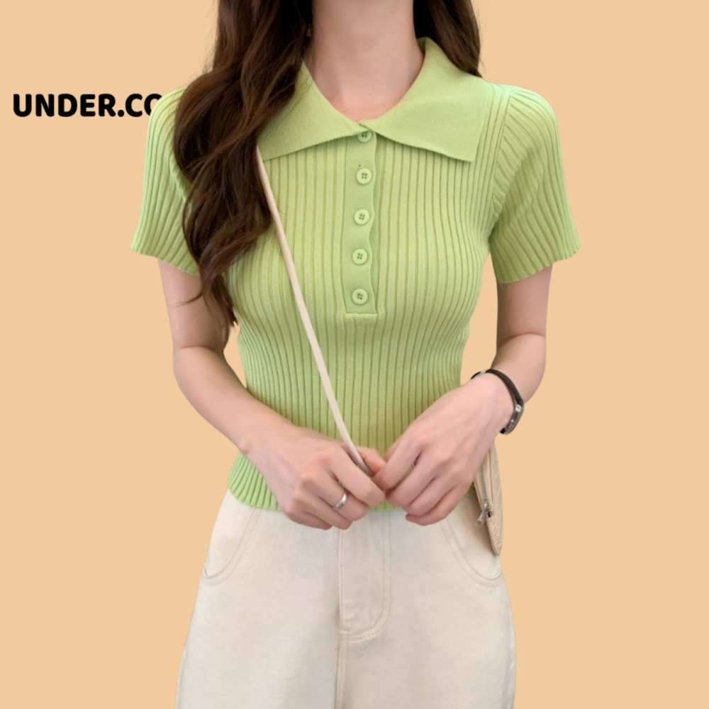 Áo mongtoghi Nữ Len Nữ Cộc Tay Cổ Cúc Polo Phong Cách Lịch Sự  Dáng Ngắn Tay Cổ Bẻ ACT13
