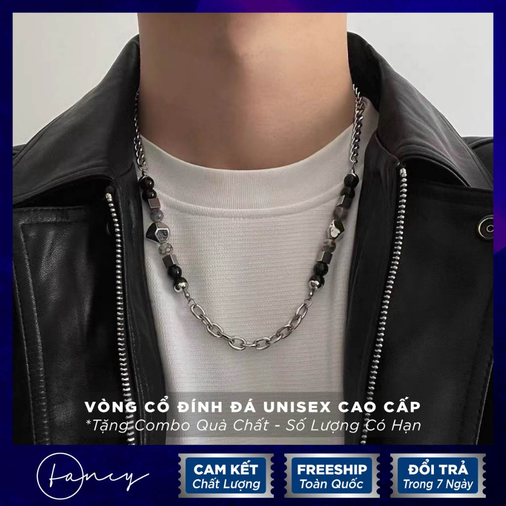 Vòng Cổ Nam Nữ Đính Ngọc Trai Đen Nhân Tạo Ghép Đá Phong Cách Hip Hop. Dây Chuyền Xích Titan Không Gỉ Cao Cấp | Fancy .
