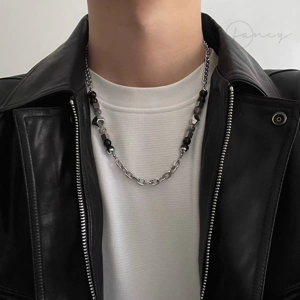 Vòng Cổ Nam Nữ Đính Ngọc Trai Đen Nhân Tạo Ghép Đá Phong Cách Hip Hop. Dây Chuyền Xích Titan Không Gỉ Cao Cấp | Fancy .