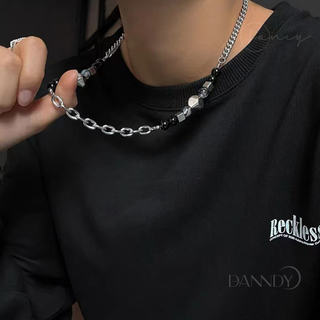 Vòng Cổ Nam Nữ Đính Ngọc Trai Đen Nhân Tạo Ghép Đá Phong Cách Hip Hop. Dây Chuyền Xích Titan Không Gỉ Cao Cấp | Fancy .