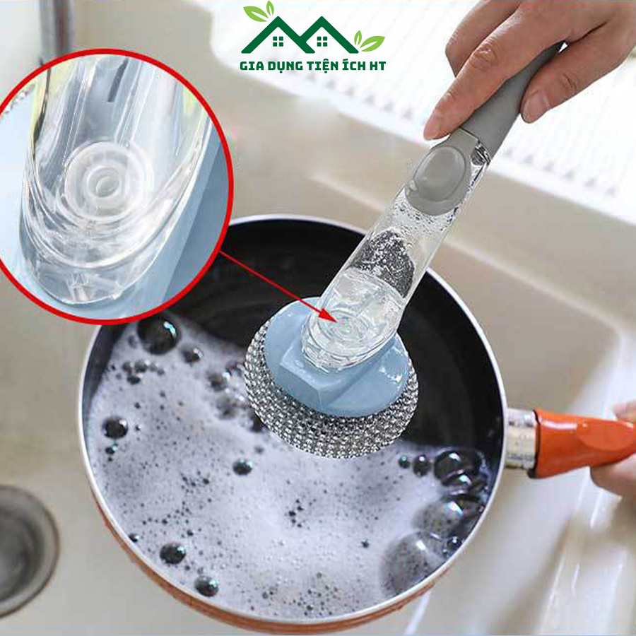 Dụng cụ cọ rửa chén bát, xoong nồi, bếp ăn có tay cầm dài và ngăn đựng ...