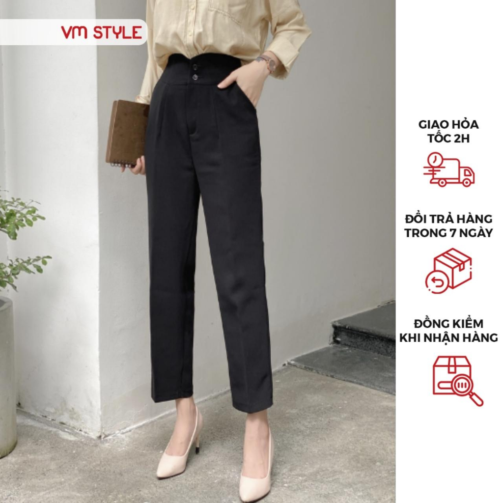 Quần tây baggy Nữ VMSTYLE trơn cạp cao 2 nút chất liệu cotton co giãn thời trang công sở 09130 – QTB00004