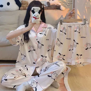 Bộ lụa xước nữ hàng Quảng Châu 3 món (mẫu mới) cao cấp gồm áo cộc quần cộc và quần dài bộ pijama đồ bộ mặc nhà sau sinh