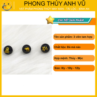 3 viên tam hợp thân tý thìn chất liệu mã não đen đã khai quang - size 8 10 12ly - may mắn tài lộc