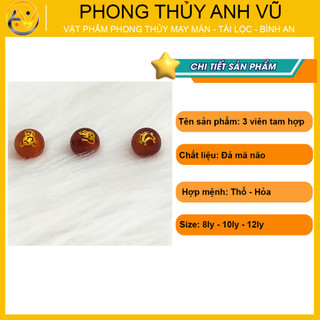 3 viên tam hợp thân tý thìn chất liệu mã não đỏ đã khai quang - size 8 10 12ly - may mắn tài lộc