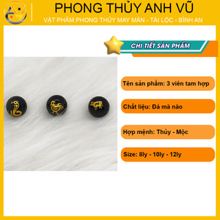 3 viên tam hợp tỵ dậu sửu chất liệu mã não đen đã khai quang - size 8 10 12ly - may mắn tài lộc