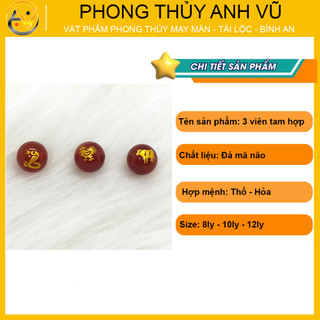 3 viên tam hợp tỵ dậu sửu chất liệu mã não đỏ đã khai quang - size 8 10 12ly - may mắn tài lộc