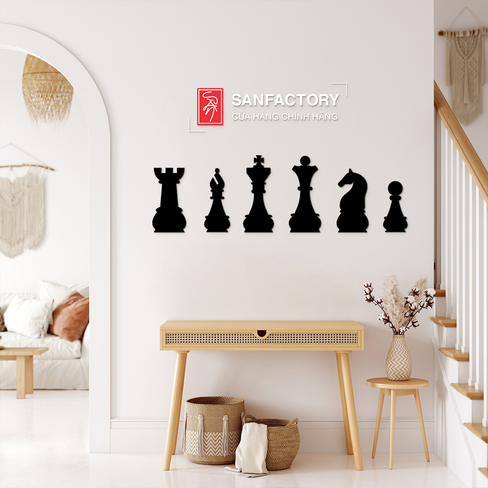 SET 6 quân cờ vua bằng gỗ decor trang trí dán tường, quà tặng  bộ môn cờ vua SAN-SK02