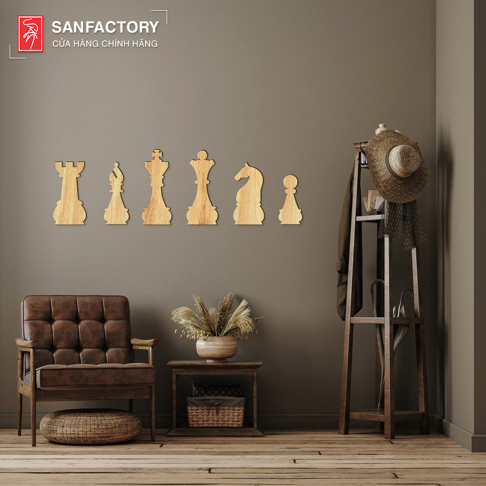 SET 6 quân cờ vua bằng gỗ decor trang trí dán tường, quà tặng  bộ môn cờ vua SAN-SK02