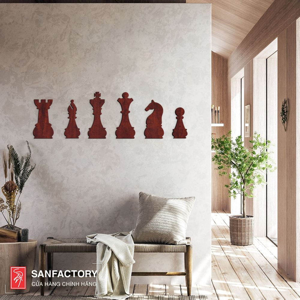 SET 6 quân cờ vua bằng gỗ decor trang trí dán tường, quà tặng  bộ môn cờ vua SAN-SK02