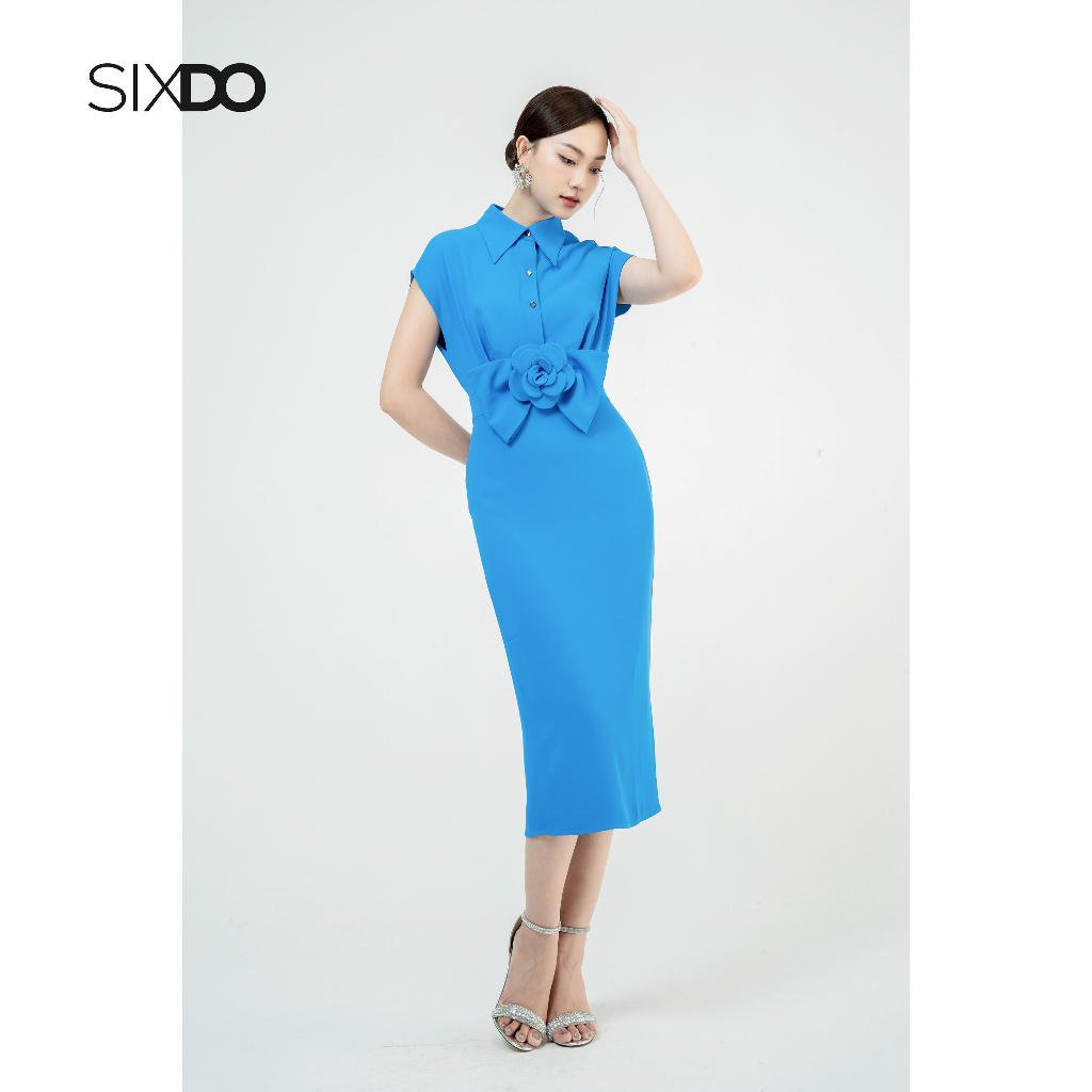 Đầm midi cổ sơ mi phối nơ hoa thời trang SIXDO Blue Cap Sleeves Midi Silk Dress