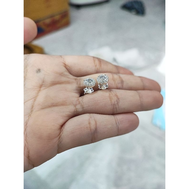 Bông tai bạc 925 tròn Mono mạnh mẽ giấu chấu chủ 6ly tấm viền 1ly2