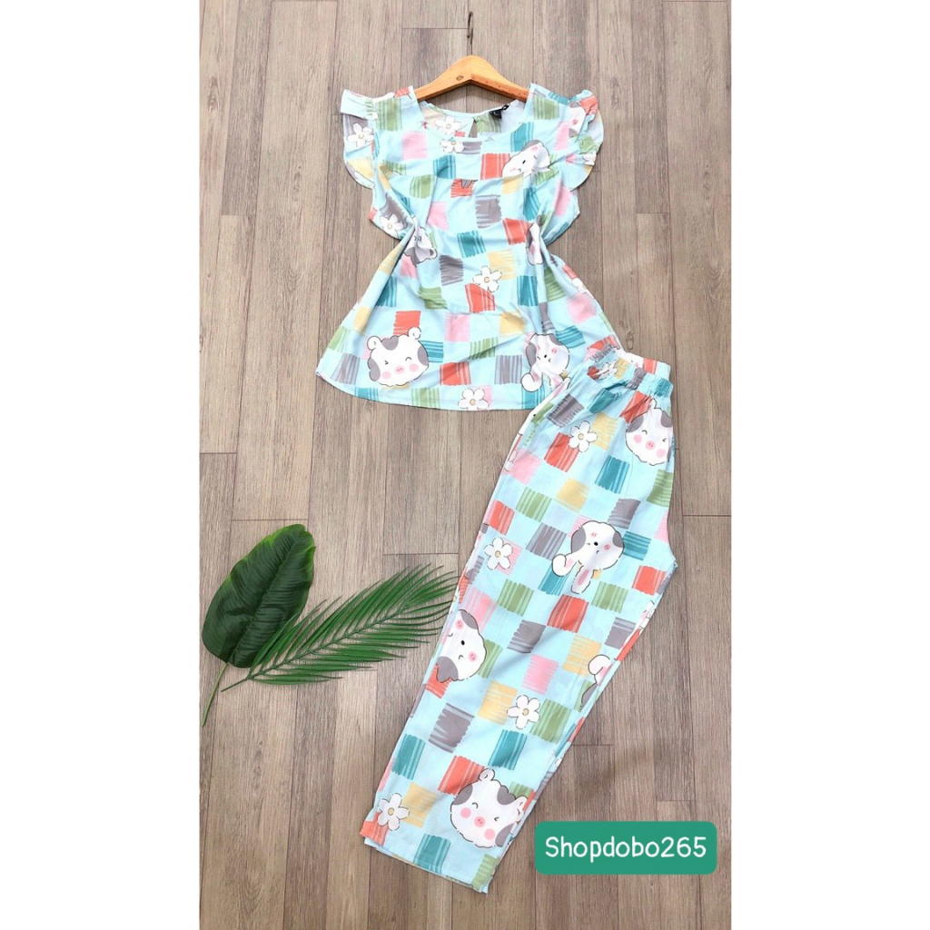 Đồ bộ nữ,đồ ngủ mặc nhà lửng 9 tấc tay cánh tiên vải lanh BL 52 họa tiết dễ thương size 51-70kg.