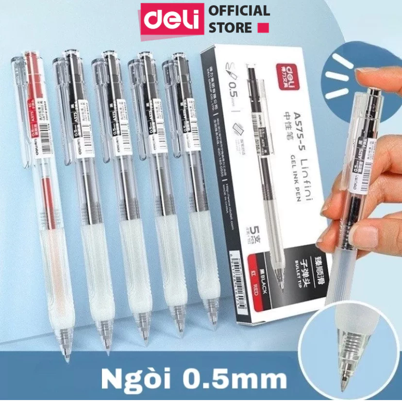 Bút Bi Nước Bút Gel Mực Bấm Deli A575 Mực Đen Trơn Tru Ngòi 0.5mm