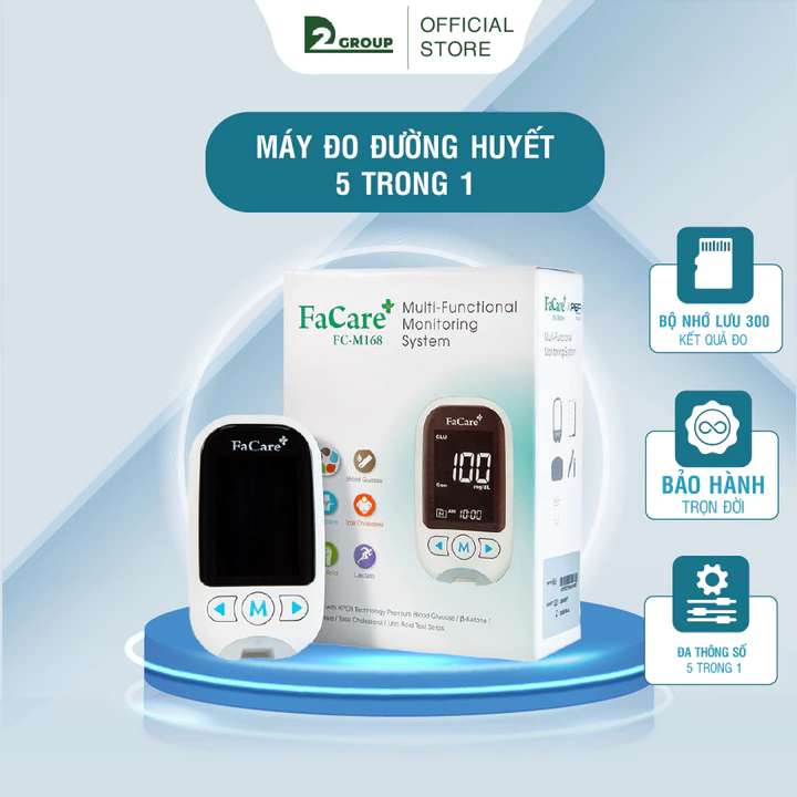 Combo máy đo đường huyết, mỡ máu, gút 5 trong 1 và hộp que thử đường, mỡ máu, gút Facare D2 Group Bảo hành trọn đời