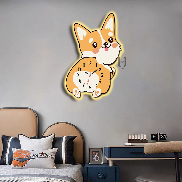 Tranh Đồng Hồ 3D LED Chó Corgi Đáng Yêu Trang Trí Phòng Ngủ Bé, Quán Tiệm Shop OHA Decor