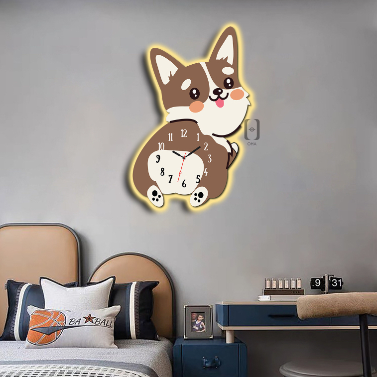Tranh Đồng Hồ 3D LED Chó Corgi Đáng Yêu Trang Trí Phòng Ngủ Bé, Quán Tiệm Shop OHA Decor