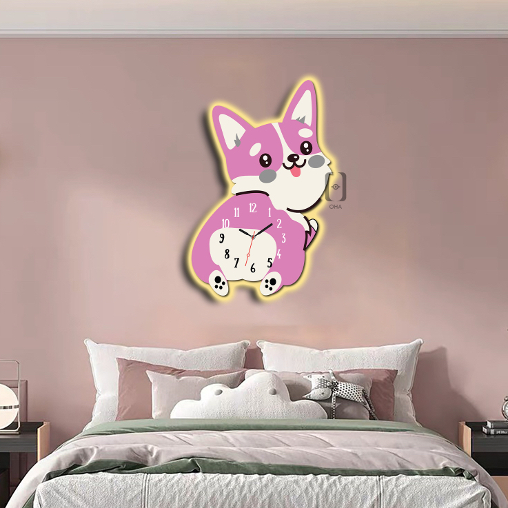 Tranh Đồng Hồ 3D LED Chó Corgi Đáng Yêu Trang Trí Phòng Ngủ Bé, Quán Tiệm Shop OHA Decor