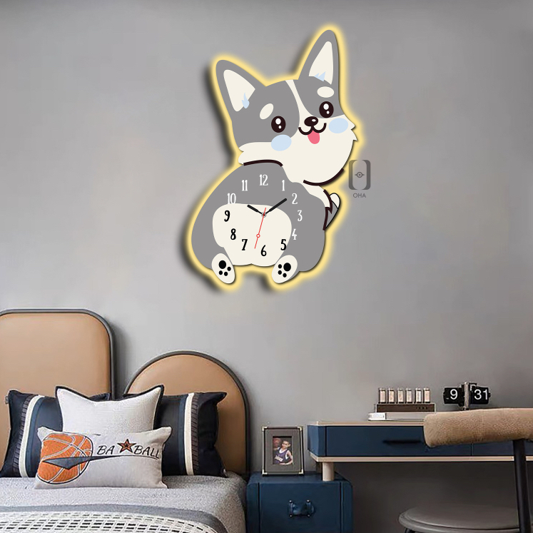 Tranh Đồng Hồ 3D LED Chó Corgi Đáng Yêu Trang Trí Phòng Ngủ Bé, Quán Tiệm Shop OHA Decor
