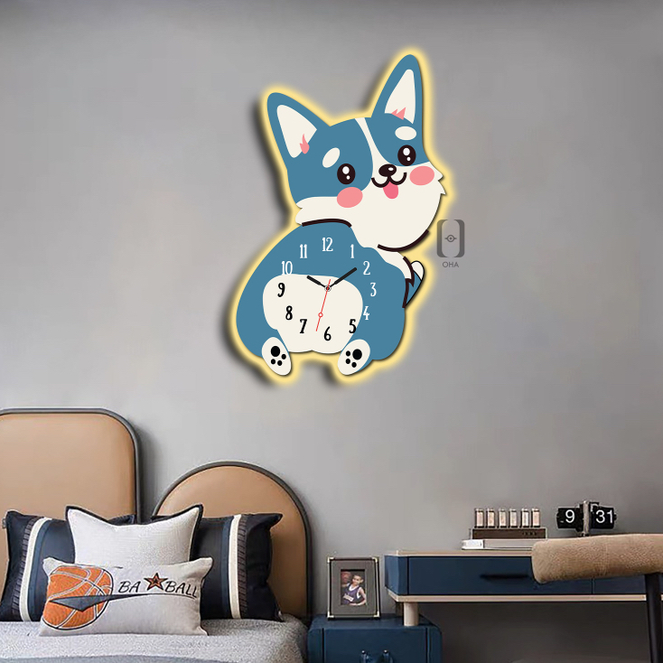 Tranh Đồng Hồ 3D LED Chó Corgi Đáng Yêu Trang Trí Phòng Ngủ Bé, Quán Tiệm Shop OHA Decor