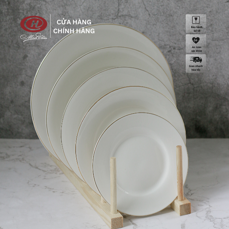 Đĩa Tròn Cạn Viền Vàng 12K - Sứ Minh Châu - Vỡ 1 Đổi 1