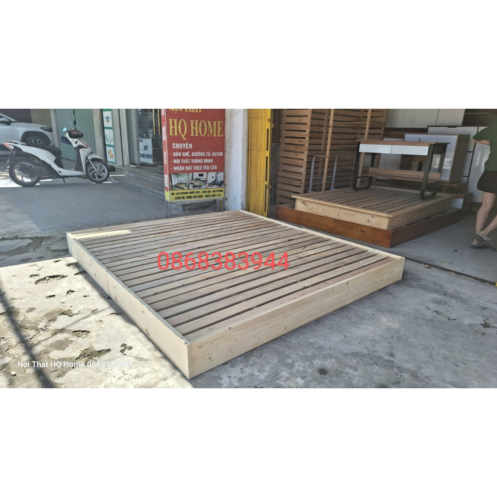 Giường Ngủ Pallet Gỗ Thông Cao Cấp Đủ Kích Thước Cao 20cm có gờ thành chống trôi đệm