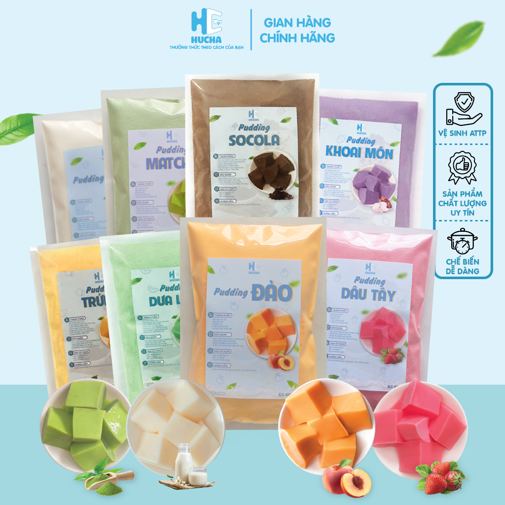Bột pudding gói 100g siêu ngon hấp dẫn 9 vị – Pudding trứng socola khoai môn dưa lưới sữa đào dâu, sét nguyên liệu Hucha