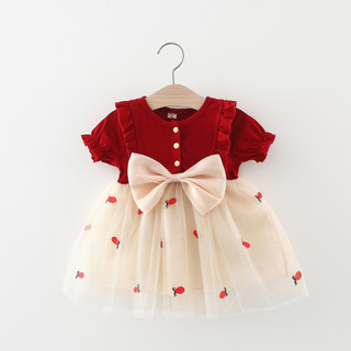 Váy bé gái thun cotton phối lưới thêu trái dứa vintage 6th-3 tuổi màu đỏ đô phong cách Hàn D862
