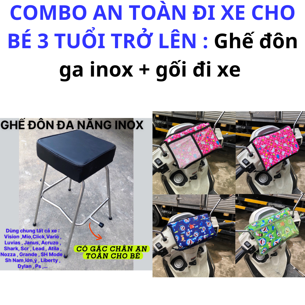 Combo an toàn đi xe máy cho bé từ 3 tuổi , ghế đôn ga inox yên nệm đen + gối đi xe hoạt hình