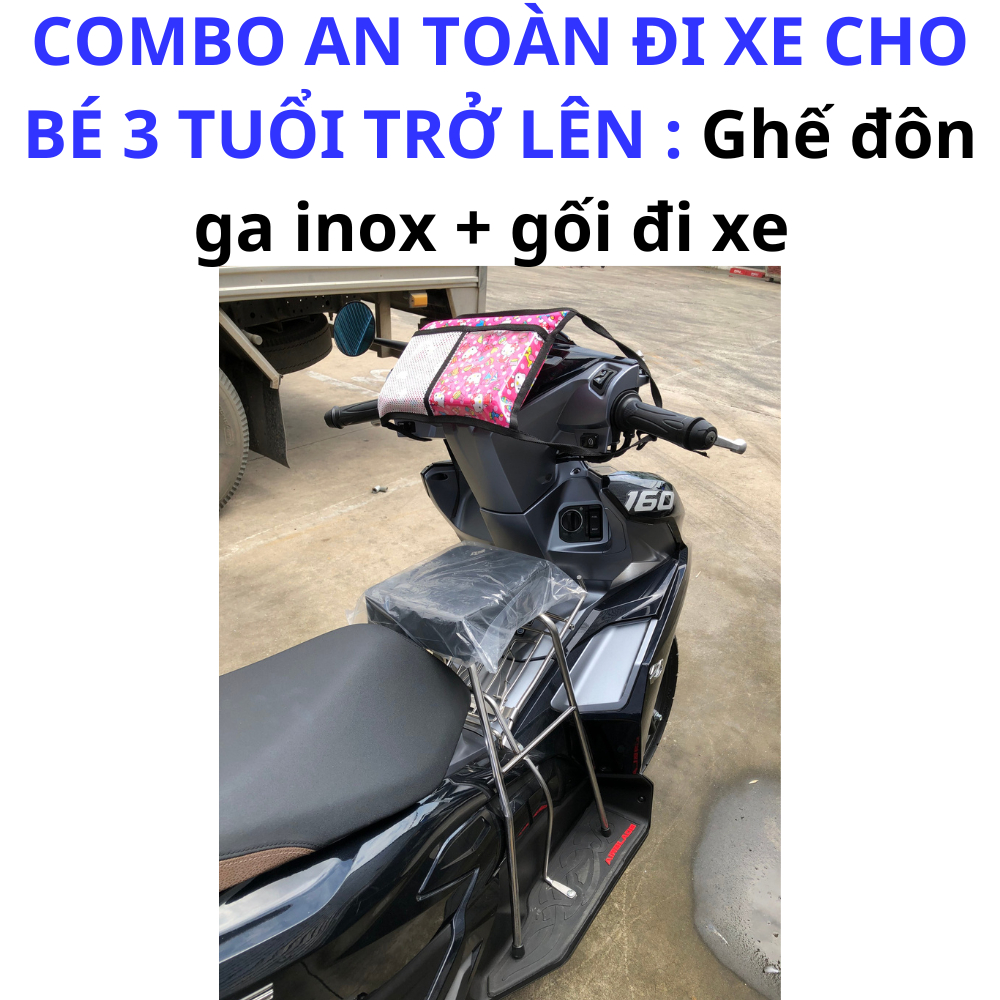 Combo an toàn đi xe máy cho bé từ 3 tuổi , ghế đôn ga inox yên nệm đen + gối đi xe hoạt hình