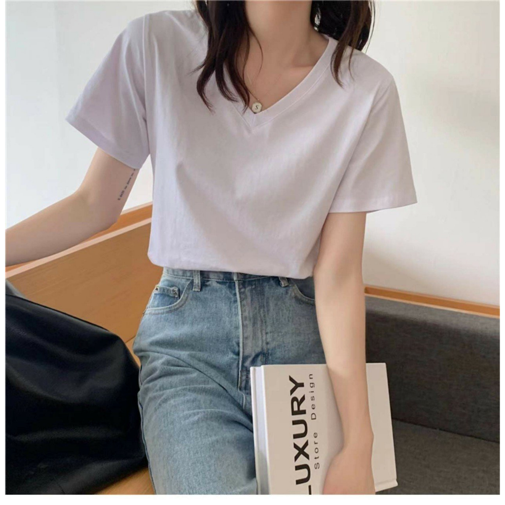 [Màu mới] Áo thun nữ cổ tim JULY, Áo thun nữ cổ V chất cotton 100