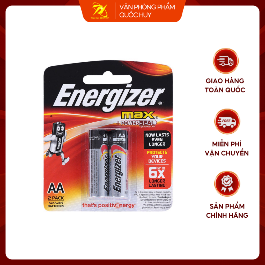 PIN ALKAALINE AA 1.5V ENERGIZER MAX E91-BP2, VỈ 2 VIÊN, SIÊU BỀN - VPP QUỐC HUY.