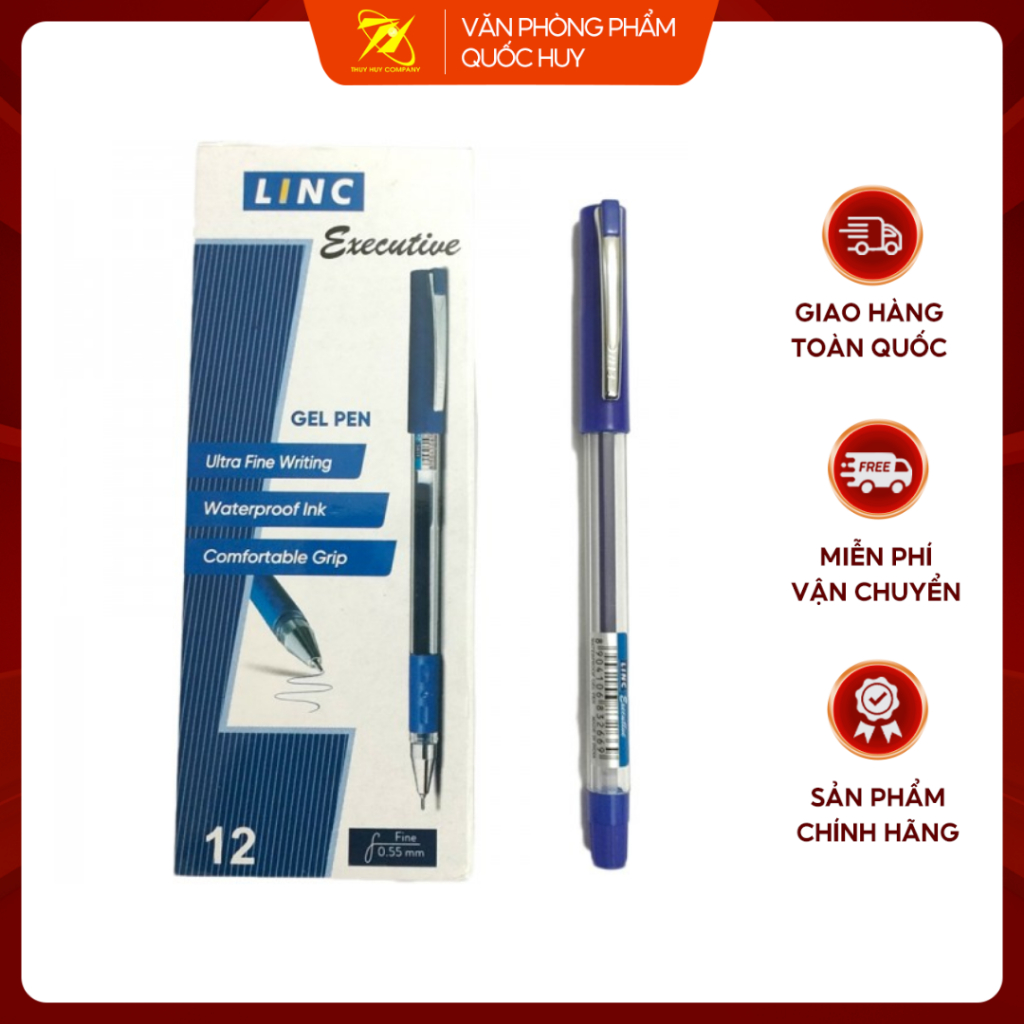 HỘP 12 CHIẾC BÚT BI NƯỚC LINC EXECUTIVE GEL 0.5MM, XANH/ ĐEN/ ĐỎ - VPP QUỐC HUY