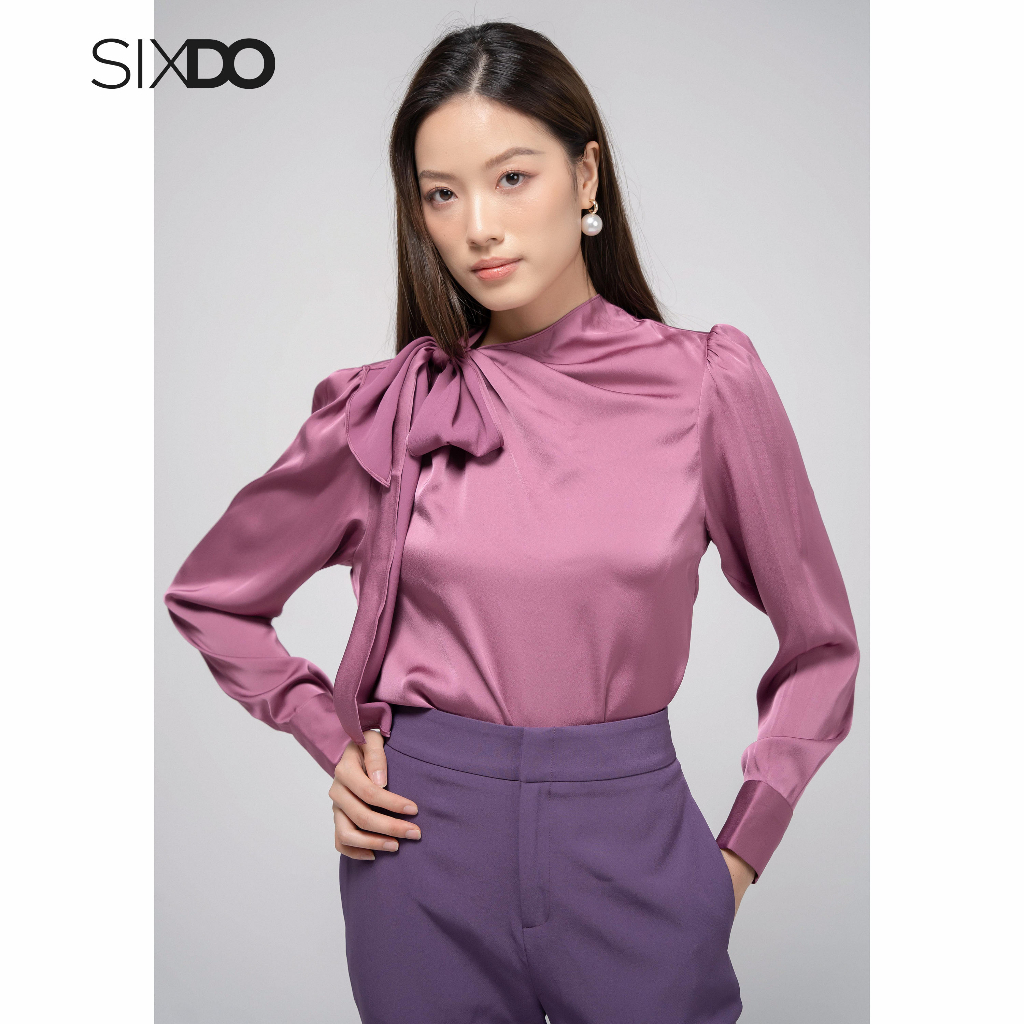 Áo lụa kiểu nữ dài tay thắt dây cổ SIXDO Light Murrey Long Sleeves Silk Top