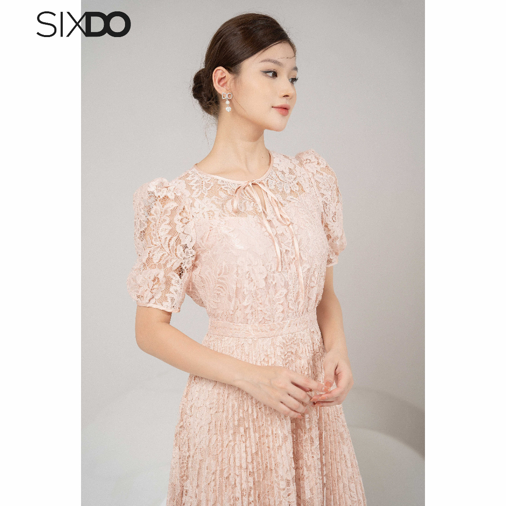 Đầm ren xếp ly ngắn tay dây cổ thời trang SIXDO Salmon Keyhole Midi Lace Dress