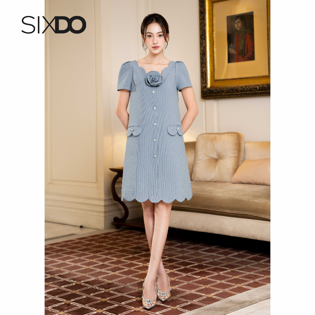 Đầm thô xanh viền sóng phối hoa SIXDO Dark Mint Scalloped Neck Midi Raw Dress