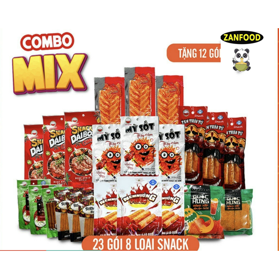 COMBO MIX 8 LOẠI SNACK CAY 23 gói TUỔI THƠ TẶNG 12 DÊ NƯỚNG HẰNG ĐẠI