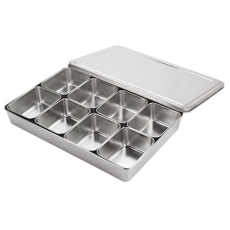 Bộ khay đựng topping trà sữa inox 304 nhiều ngăn có nắp đậy - khay inox đựng gia vị nắp inox