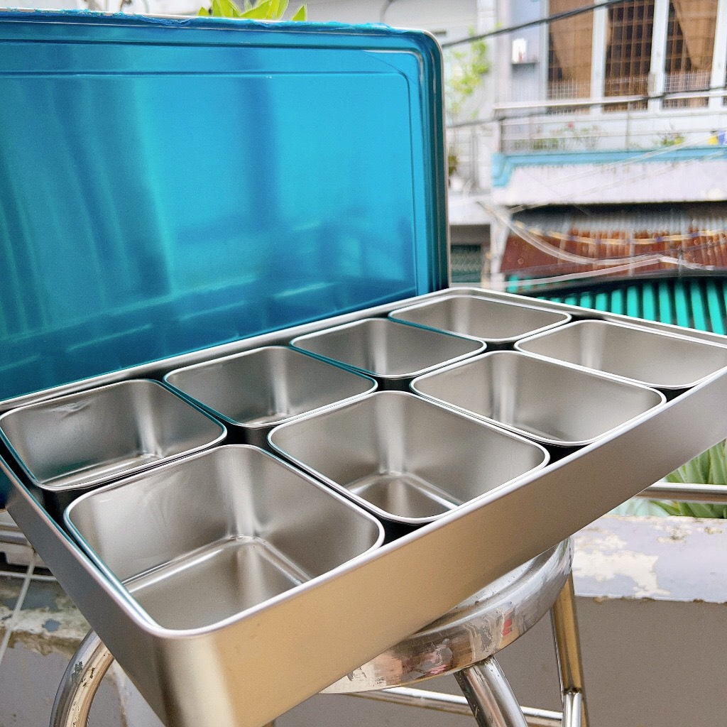 Bộ khay đựng topping trà sữa inox 304 nhiều ngăn có nắp đậy - khay inox đựng gia vị nắp inox