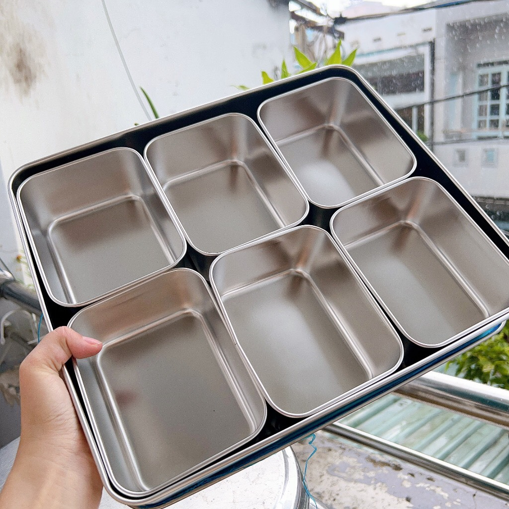 Bộ khay đựng topping trà sữa inox 304 nhiều ngăn có nắp đậy - khay inox đựng gia vị nắp inox
