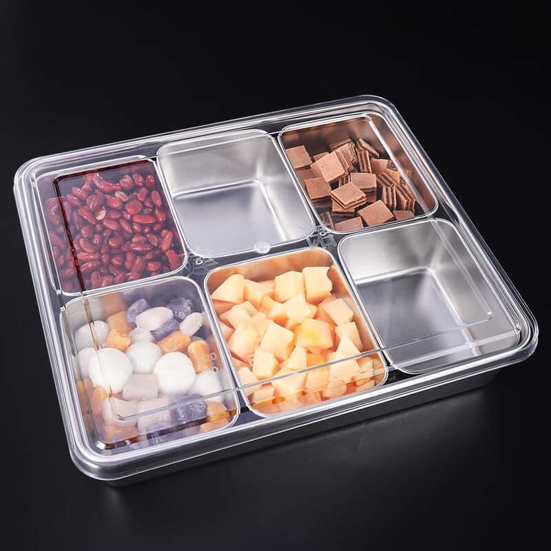 Bộ khay đựng topping trà sữa inox 304 nhiều ngăn có nắp đậy - khay inox đựng gia vị nắp inox