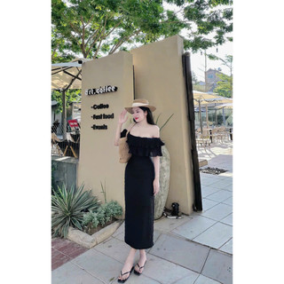 Đầm thiết kế nữ mặc siêu tôn dáng chất len ren trễ vai phối lụa dập ly ôm eo váy maxi dáng suông mặc đi chơi xinh xắn