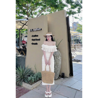 Đầm thiết kế nữ mặc siêu tôn dáng chất len ren trễ vai phối lụa dập ly ôm eo váy maxi dáng suông mặc đi chơi xinh xắn