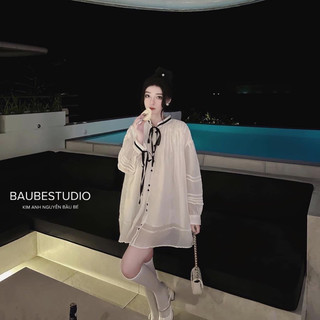 [V1.482] Váy Babydoll 2 Lớp Cổ Nơ Tay Dài Siêu Xinh
