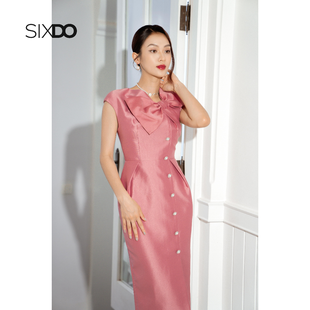 Đầm Midi Taffeta hồng đào phối nơ cổ thời trang SIXDO Peach Pink Split-front Midi Taffeta Dress spe